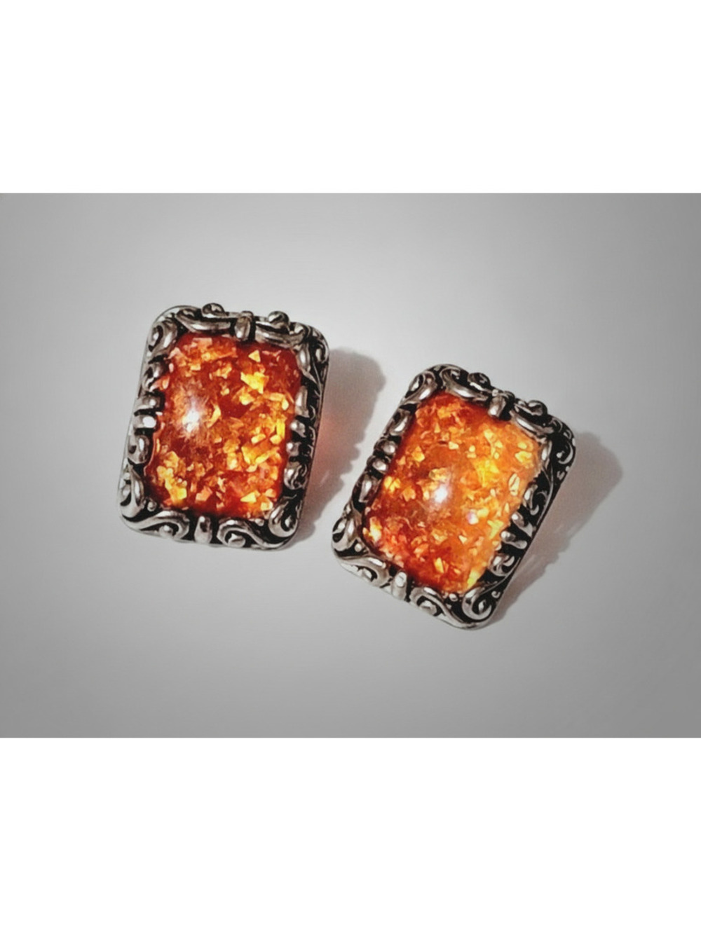 Vintage Pierced Earrings Orange Confetti Lucuite Silver-tone Rectangular rp-61